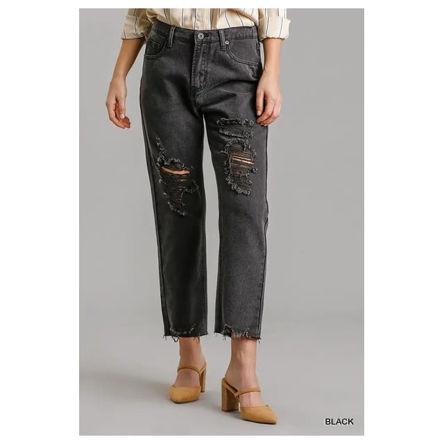 5 Pockets Non-stretch Straight Cut Distressed Denim Jeans With Raw Hem