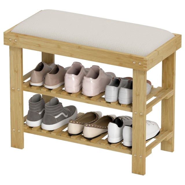 HOMCOM Bamboo Shoe Storage Bench, 3-Tier Entryway Bench with Cushion, Shoe…