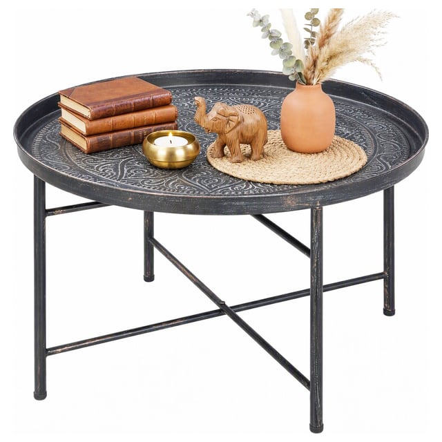 HOMCOM Coffee Table for Living Room, 24" Round Center Table with Hammered Tray…