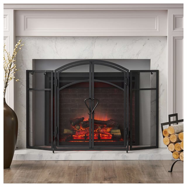 Iron Folding Fireplace Screen with Doors and 4-Piece Tool Set, Matte Finish, 50.…