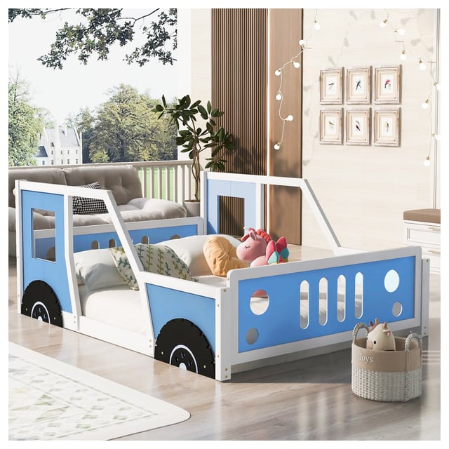 Full Size Classic Car-Shaped Platform Bed with Wheels, Pine Wood Frame, Easy…