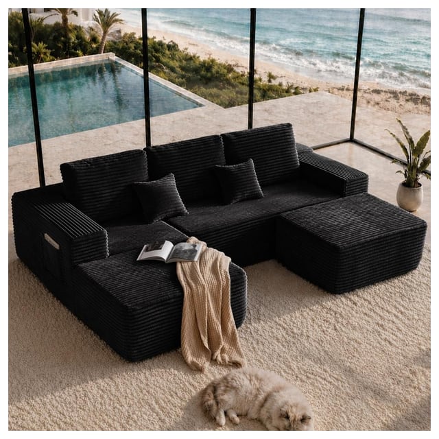 Roomy Fabric Sectional Sofa with U-Shaped Chaise and Side Pockets, Polished…