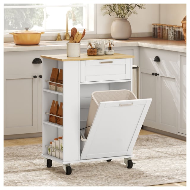 HOMCOM Kitchen Cart with Trash Can Storage, Rolling Kitchen Island with Wheels…