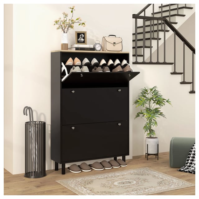 HOMCOM Entryway Shoe Storage Small Modern Flip-Flop Cabinet with 3 Flip Drawers…