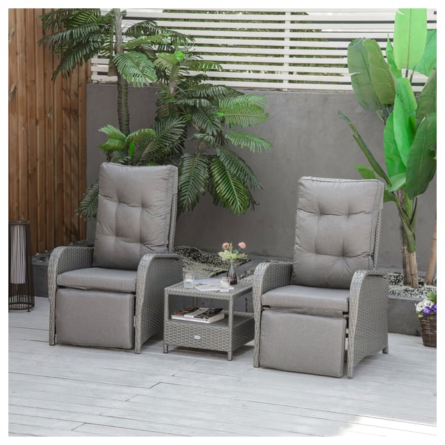 Outsunny Aluminum Frame Rattan Patio Furniture Set 3PC High Back Recliner Chair…