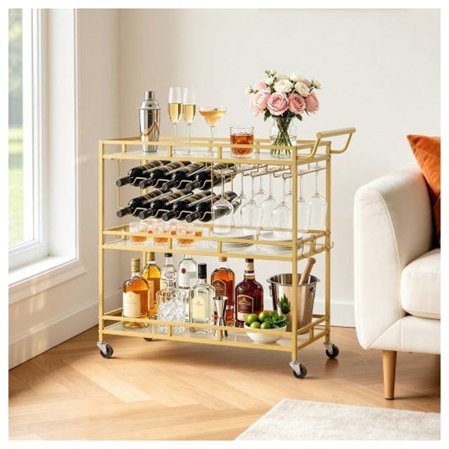 VEVOR Bar Cart, 3 Tiers Home Kitchen Serving Carts, Modern Rolling Utility…