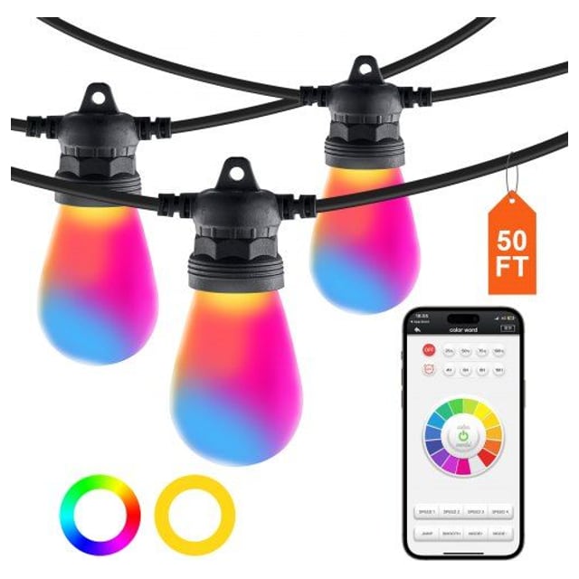 VEVOR RGB Outdoor String Lights, 50FT, Outside Patio Lights…